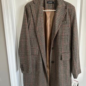 Ralph Lauren Black and Cream Houndstooth Coat with Red Windowpane